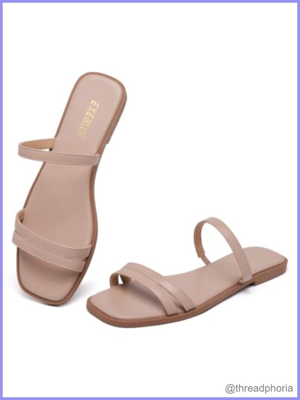Two Strap Square Toe Slide Sandals Faux Leather Dressy Flat Comfort